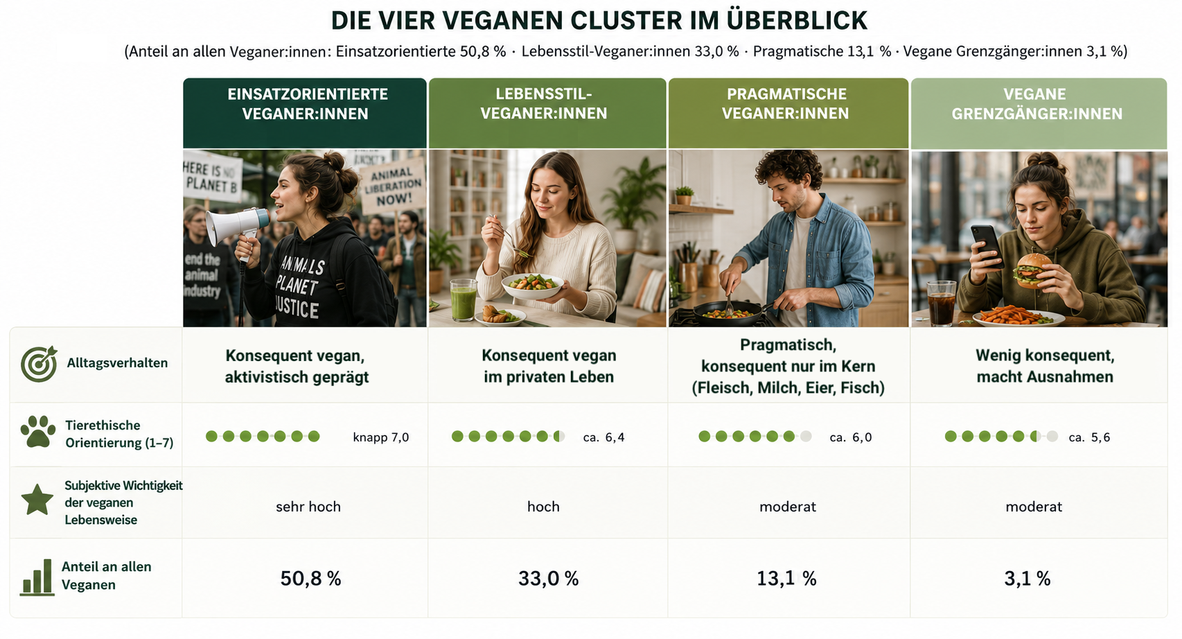 Grafik zeigt die vier veganen Cluster: Einsatzorientierte, Lebensstilorientierte, Pragmatische und Grengänger:innen.